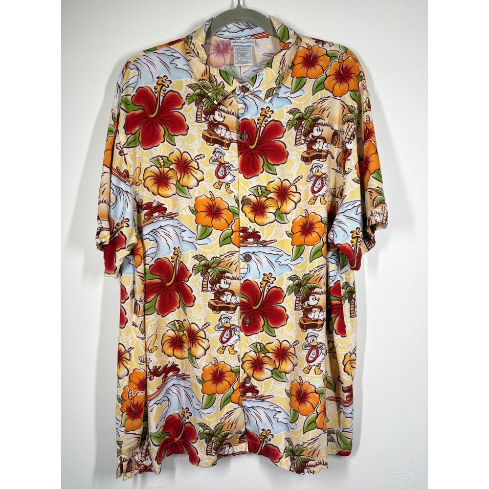 Disney Parks Mens Hawaiian Shirt L Yellow Mickey Donald Tropical Aloha Hibiscus